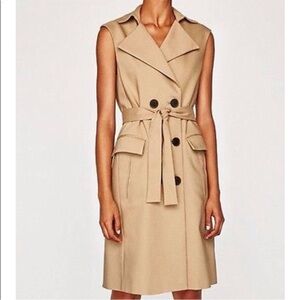 Zara neutral camel double breasted belted Trench Dress XS quiet luxury fall